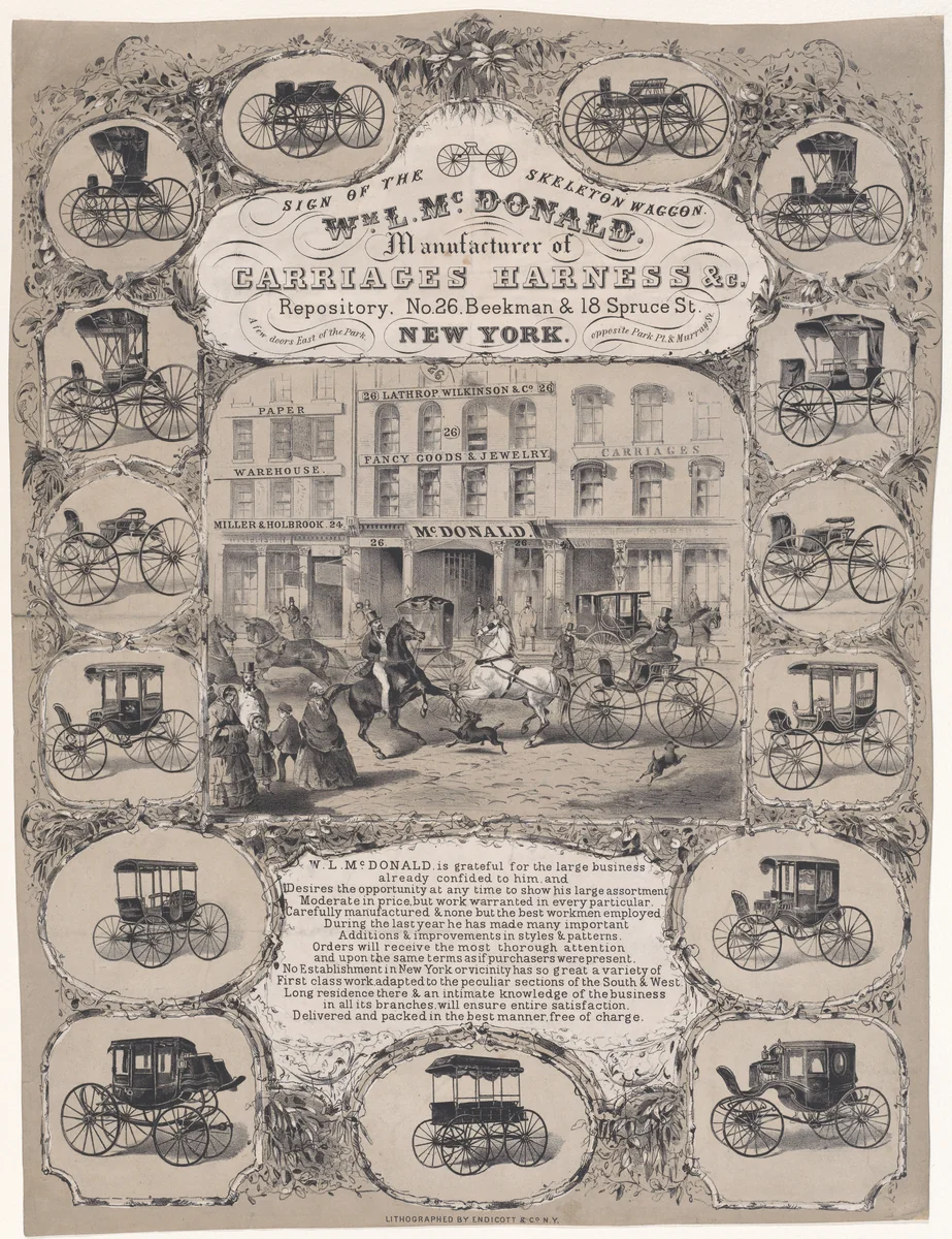 Wm. L. McDonald, Manufacturers of Carriage Harness & Co. Repository, No. 26 Beekman & 18 Spruce Street, New York by Endicott & Co., print, 1852-1886