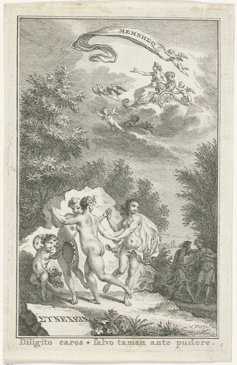 Drie gratiën en een putto by Simon Fokke, print, 1759