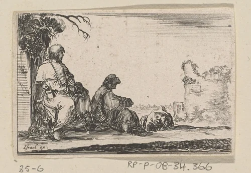 Twee zittende pelgrims en een liggende man by Stefano della Bella, print, 1620-1664