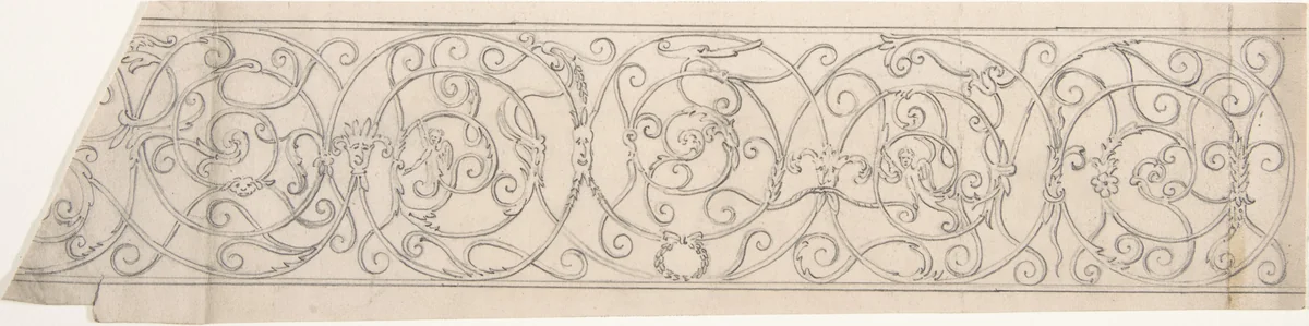 Panel of Curvilinear Metal Ornament Adorned with Masks and Winged Figures by anonymous, drawing, 1850-1900