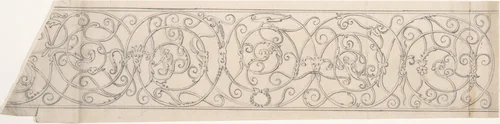 Panel of Curvilinear Metal Ornament Adorned with Masks and Winged Figures by anonymous, drawing, 1850-1900