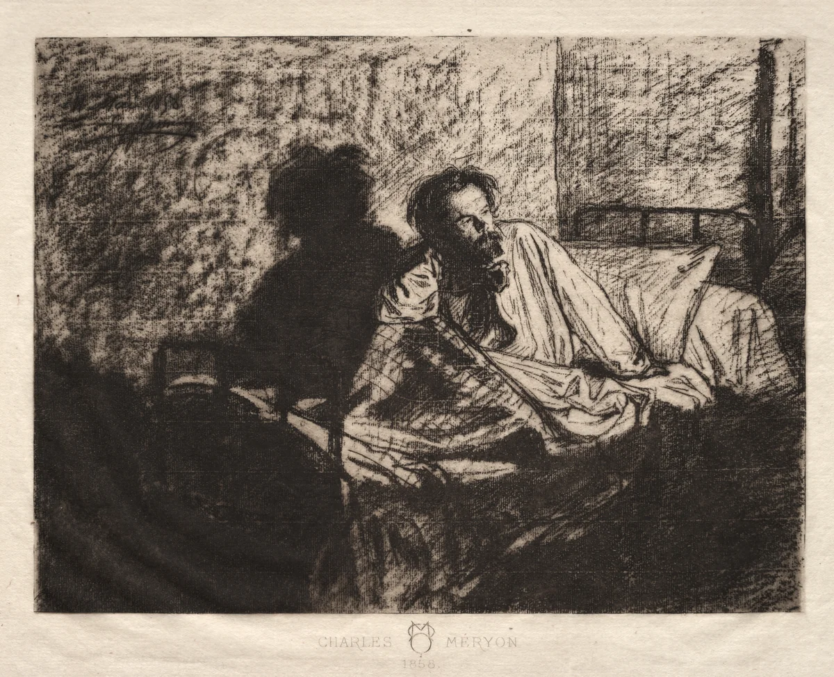 Portrait of Meryon Sitting Up in Bed by Léopold Flameng, print, 1858