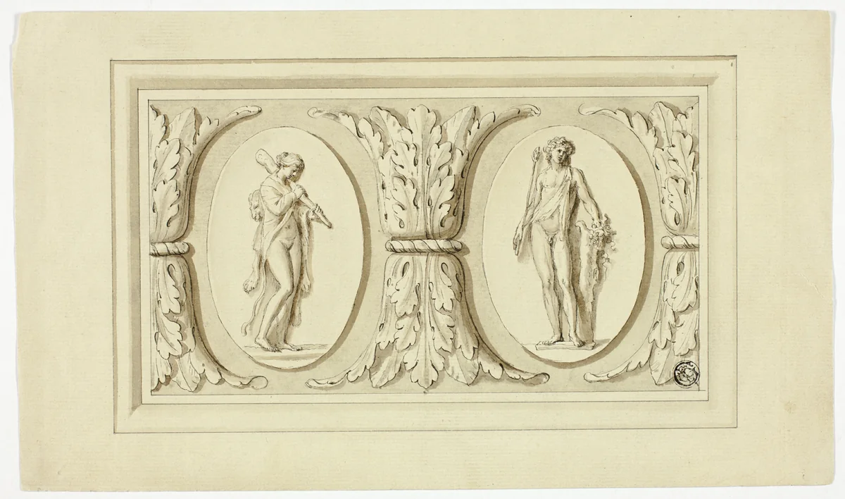 Two Medallions with Standing Figures of Omphale and Bacchus, Separated by Design of Acanthus Leaves by Giovanni Battista Cipriani, drawing, 1747-1785