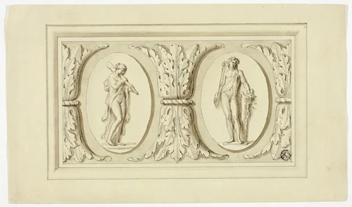 Two Medallions with Standing Figures of Omphale and Bacchus, Separated by Design of Acanthus Leaves by Giovanni Battista Cipriani, drawing, 1747-1785