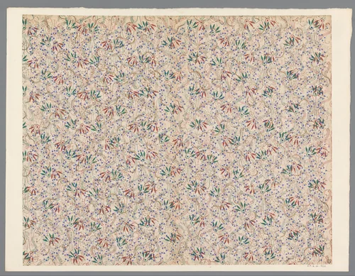 Blad met strooipatroon van bloemen, ranken en stippen by anonymous, print, 1800-1900