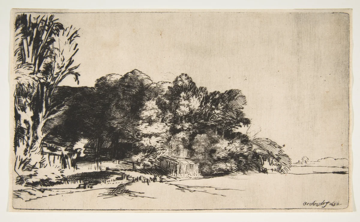 Clump of Trees with a Vista by Rembrandt van Rijn, print, 1652