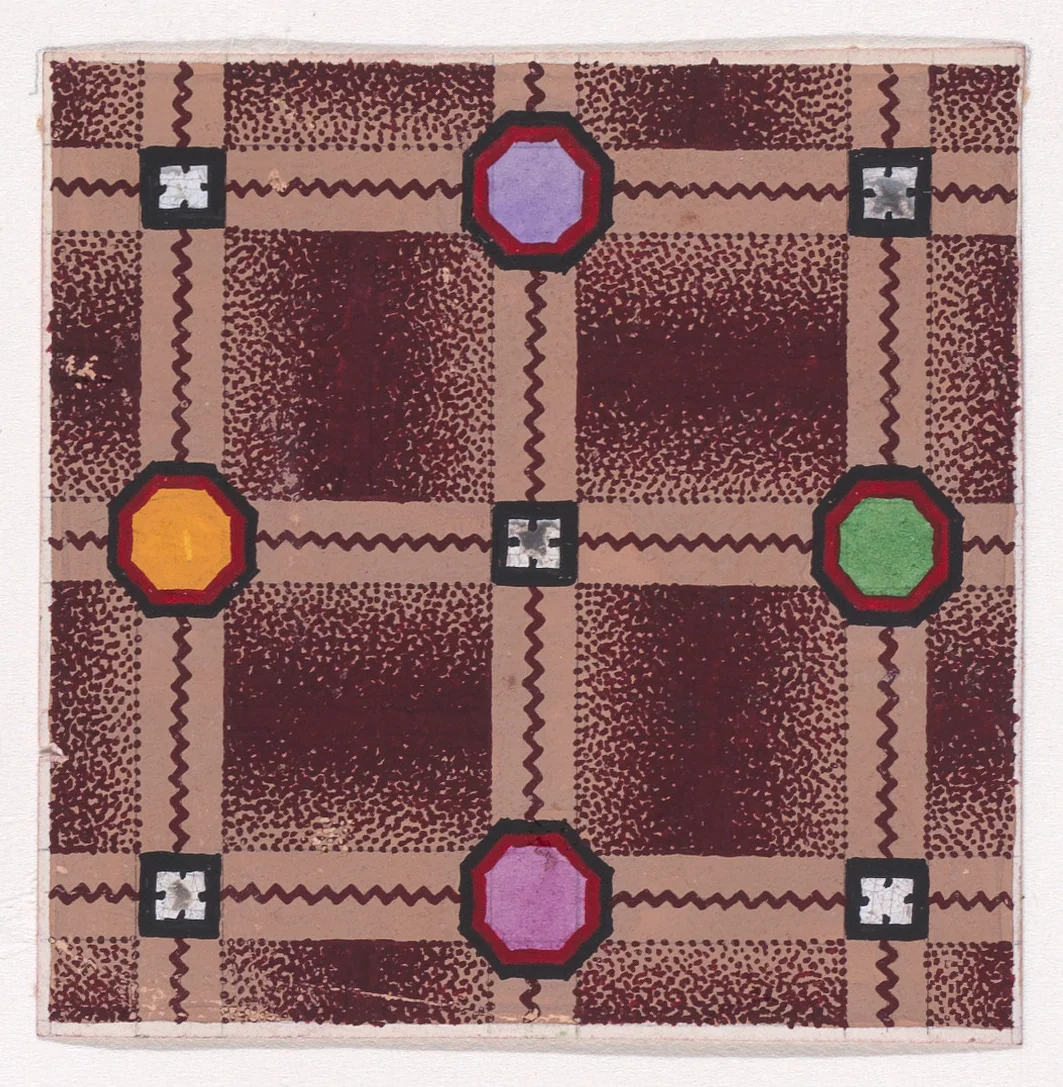 Textile Design with a Checked Pattern Decorated with Octagons and Squares over a Stippled Background by anonymous, drawing, 1840