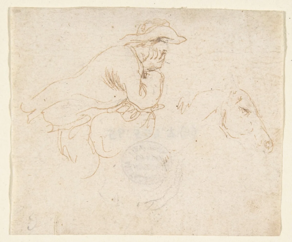 Man on Horseback seen in Profile View Facing Right. by Stefano della Bella, drawing, 1610-1664