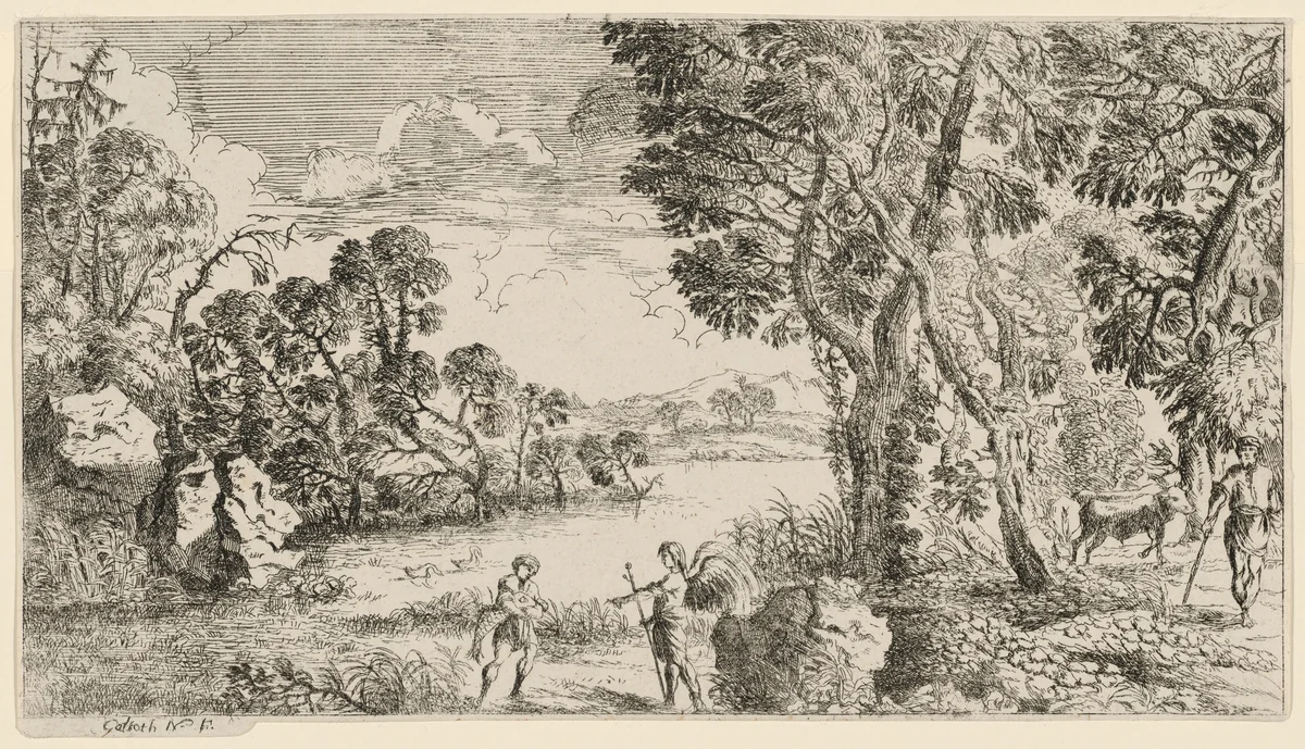 River Landscape with Tobias and the Angel by John Galioth Nardois, print, 1643-1653