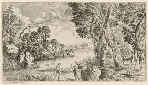 River Landscape with Tobias and the Angel by John Galioth Nardois, print, 1643-1653
