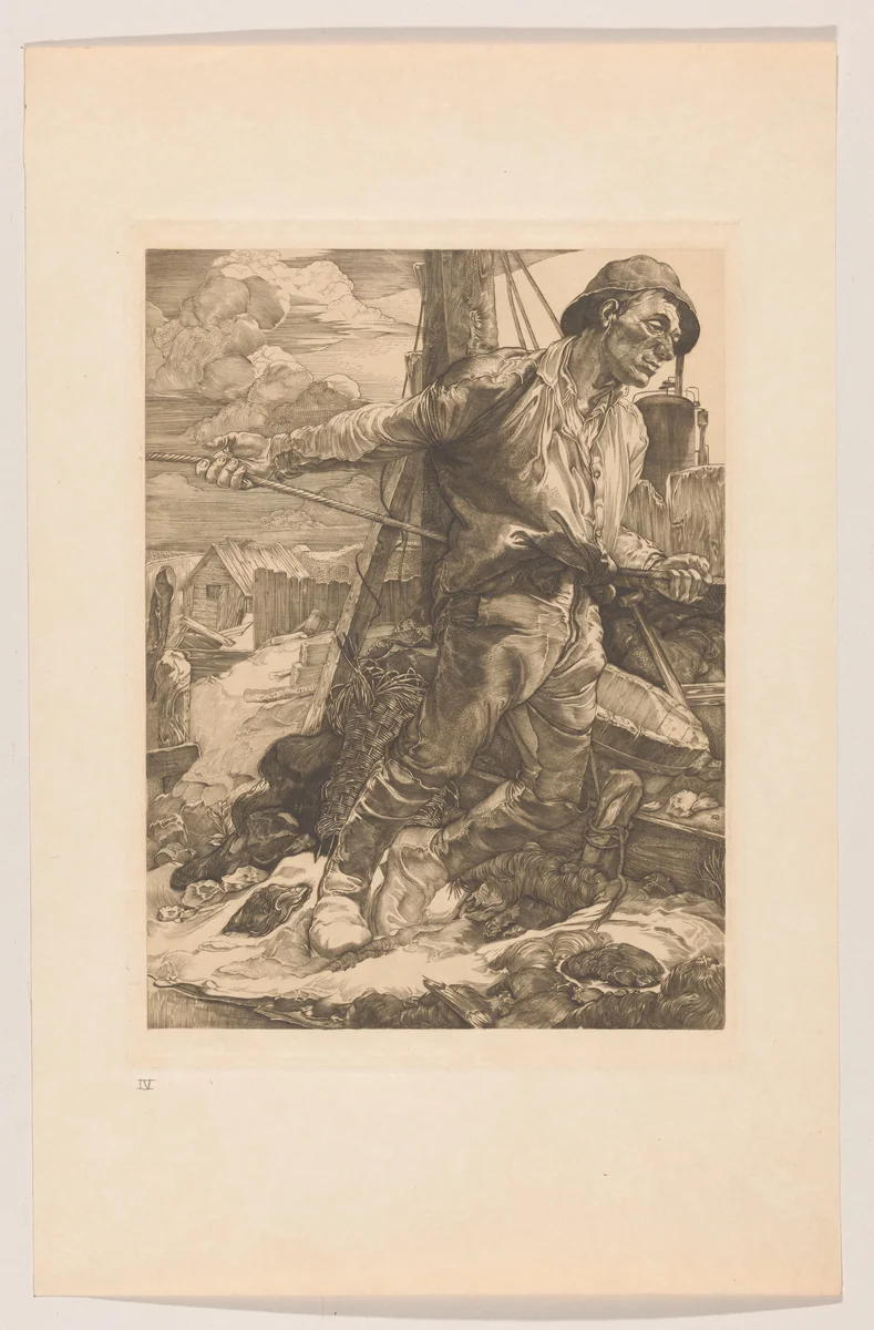 Arbeider die een touw laat vieren by Johannes Josephus Aarts, print, 1881-1934