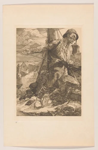 Arbeider die een touw laat vieren by Johannes Josephus Aarts, print, 1881-1934