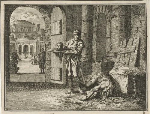 Johannes de Doper in de gevangenis onthoofd by Jan Luyken, print, 1712