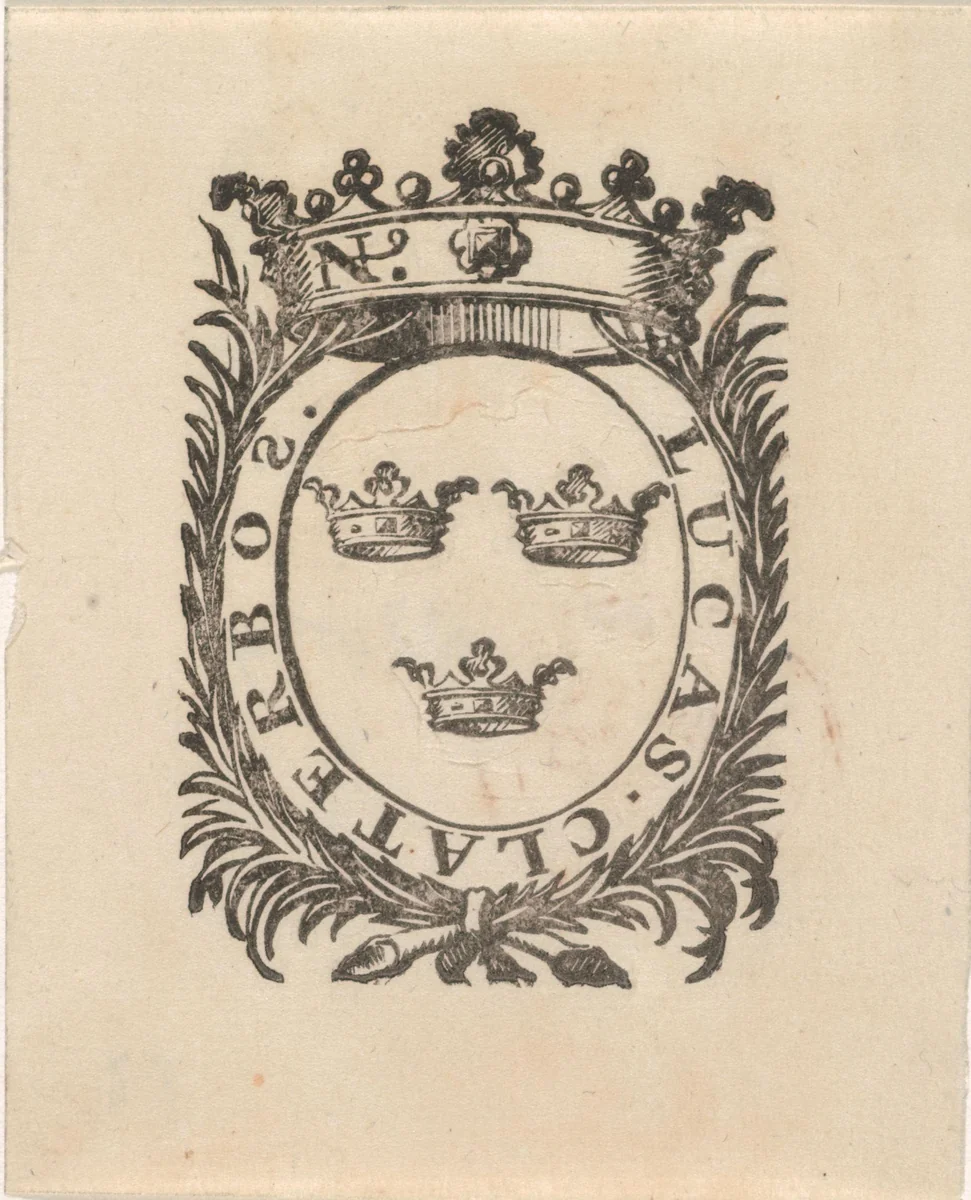 Handelsetiket van Lucas Claterbos by Isaac Vincentsz. van der Vinne, print, 1681-1740