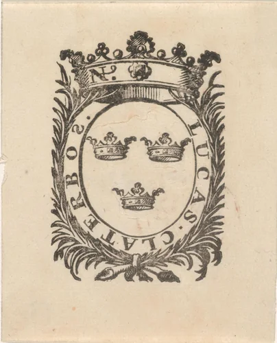Handelsetiket van Lucas Claterbos by Isaac Vincentsz. van der Vinne, print, 1681-1740