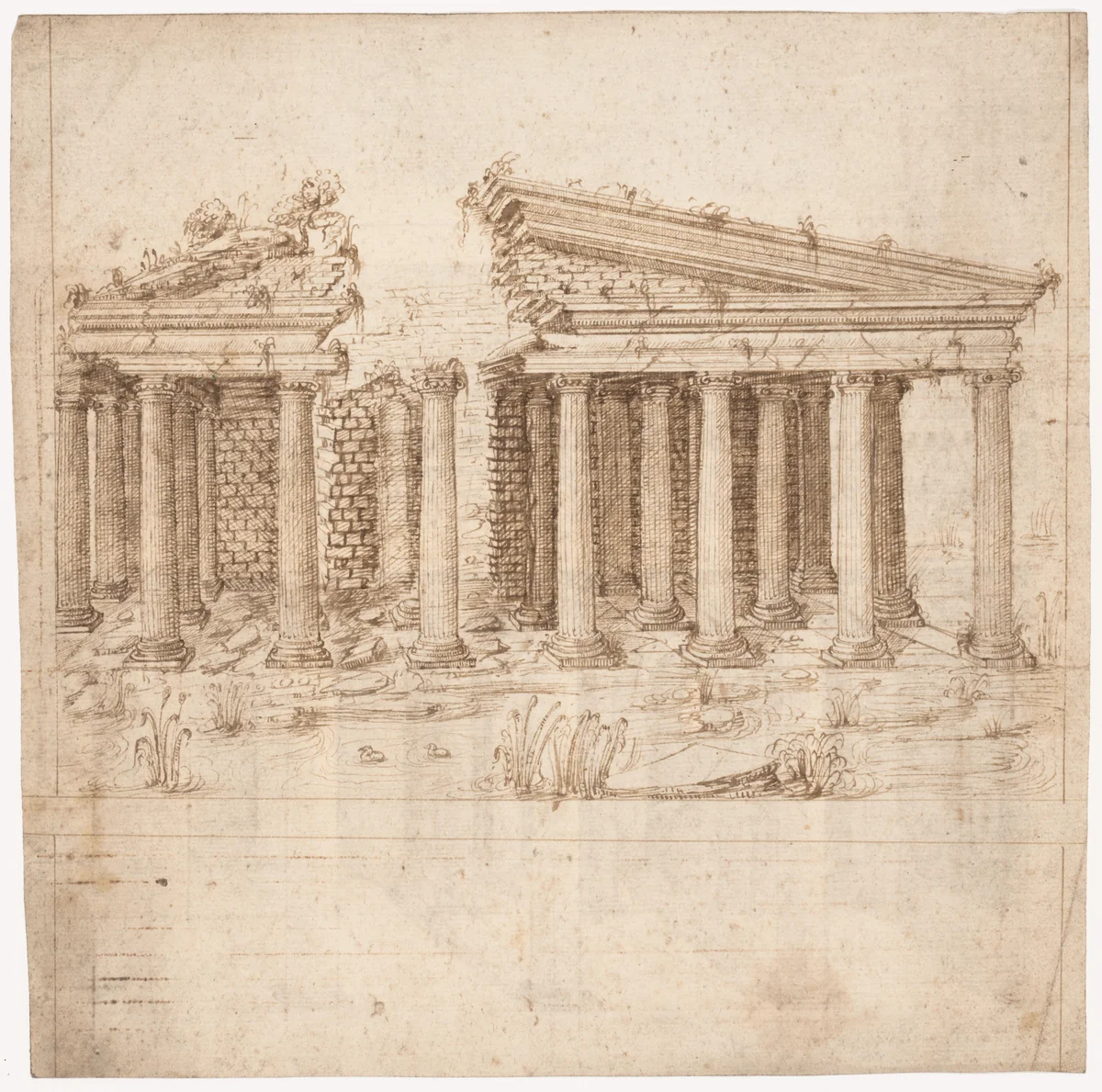 Recto: Front Elevation of a Roman Temple in Ruins (inspired by Giuliano da Sangallo); Verso: Elevation of the Nave of a Roman Basilica in Ruins (? the Basilica Giulia, inspired by Giuliano da Sangallo). by Sangallo family, drawing, 1530-1545