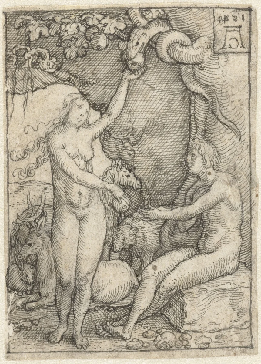 Eva reikt Adam de Appel onder de boom met de slang by Heinrich Aldegrever, drawing, 1540
