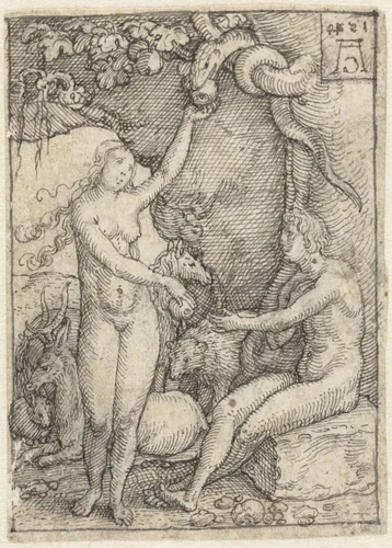 Eva reikt Adam de Appel onder de boom met de slang by Heinrich Aldegrever, drawing, 1540