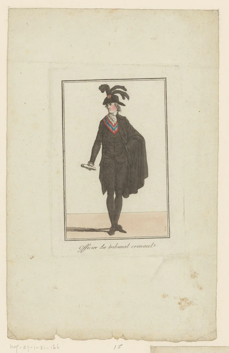 Kostuum van de officier van het criminele tribunaal by Jean Duplessis-Bertaux, print, 1795-1799