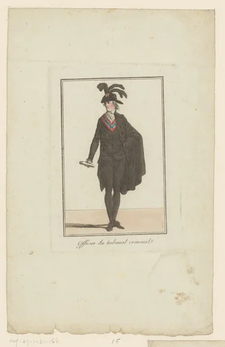 Kostuum van de officier van het criminele tribunaal by Jean Duplessis-Bertaux, print, 1795-1799