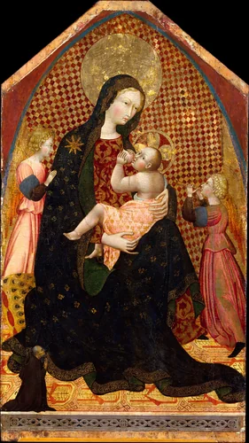 Madonna and Child with Two Angels and a Donor by Giovanni di Paolo, painting, 1440-1450