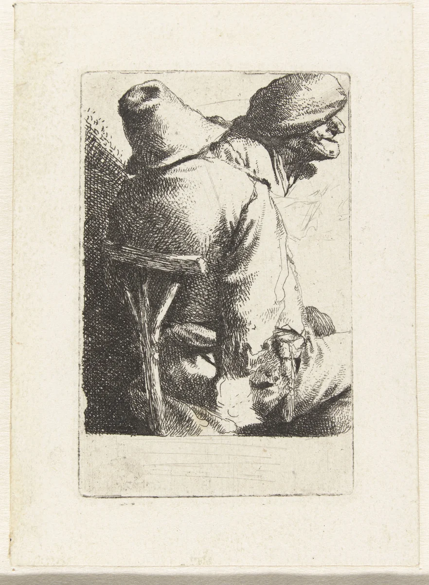 Man zittend op rug gezien, vrouwen- of mannenhoofd met muts by Cornelis Pietersz. Bega, print, 1642-1664