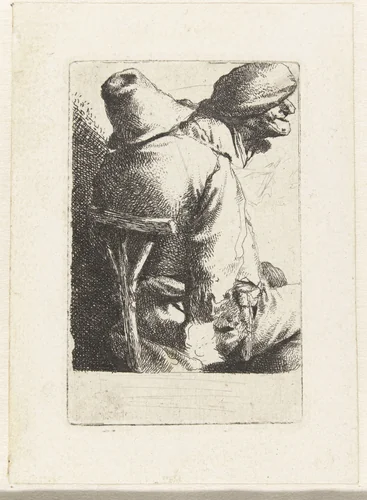 Man zittend op rug gezien, vrouwen- of mannenhoofd met muts by Cornelis Pietersz. Bega, print, 1642-1664