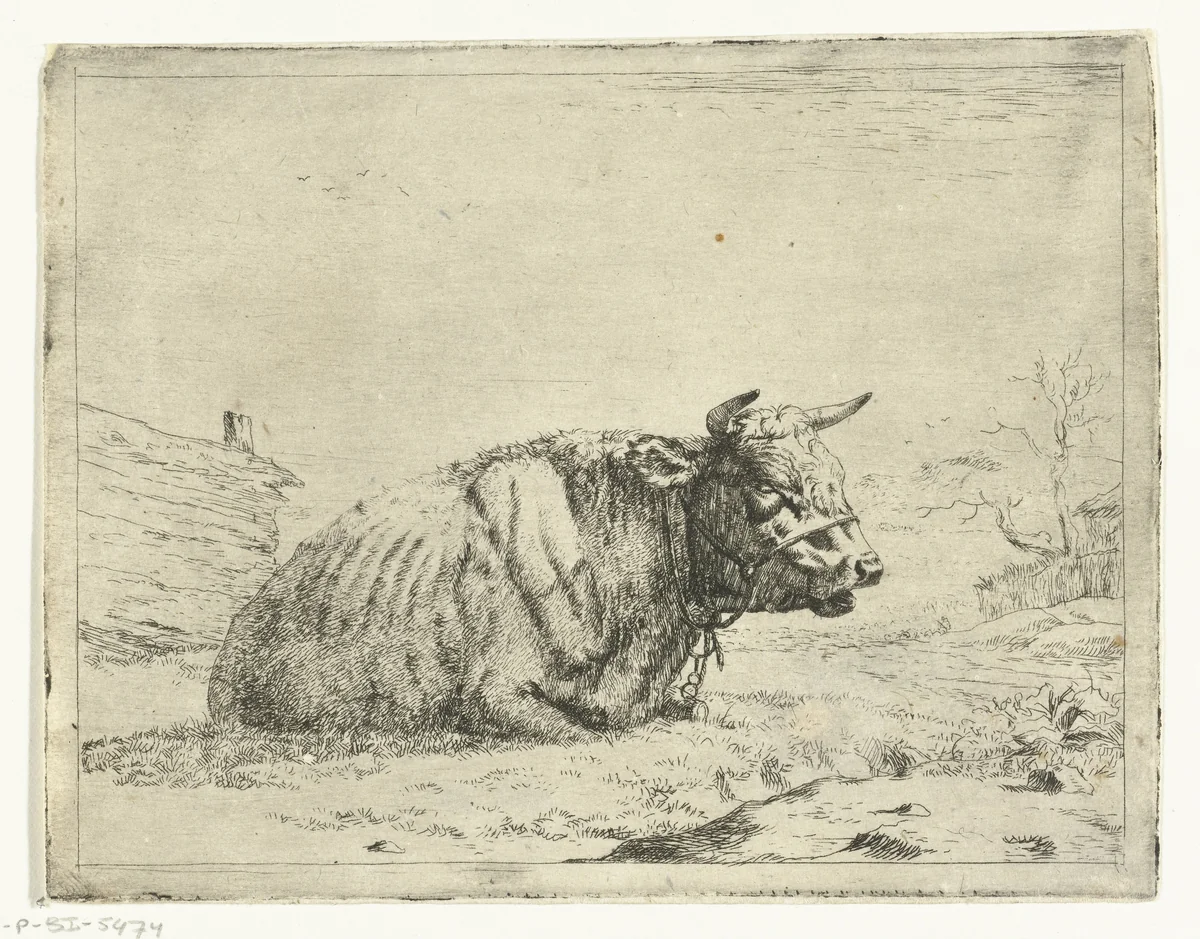 Rustende koe met halster by Marcus de Bye, print, 1657-1688