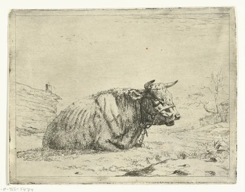 Rustende koe met halster by Marcus de Bye, print, 1657-1688