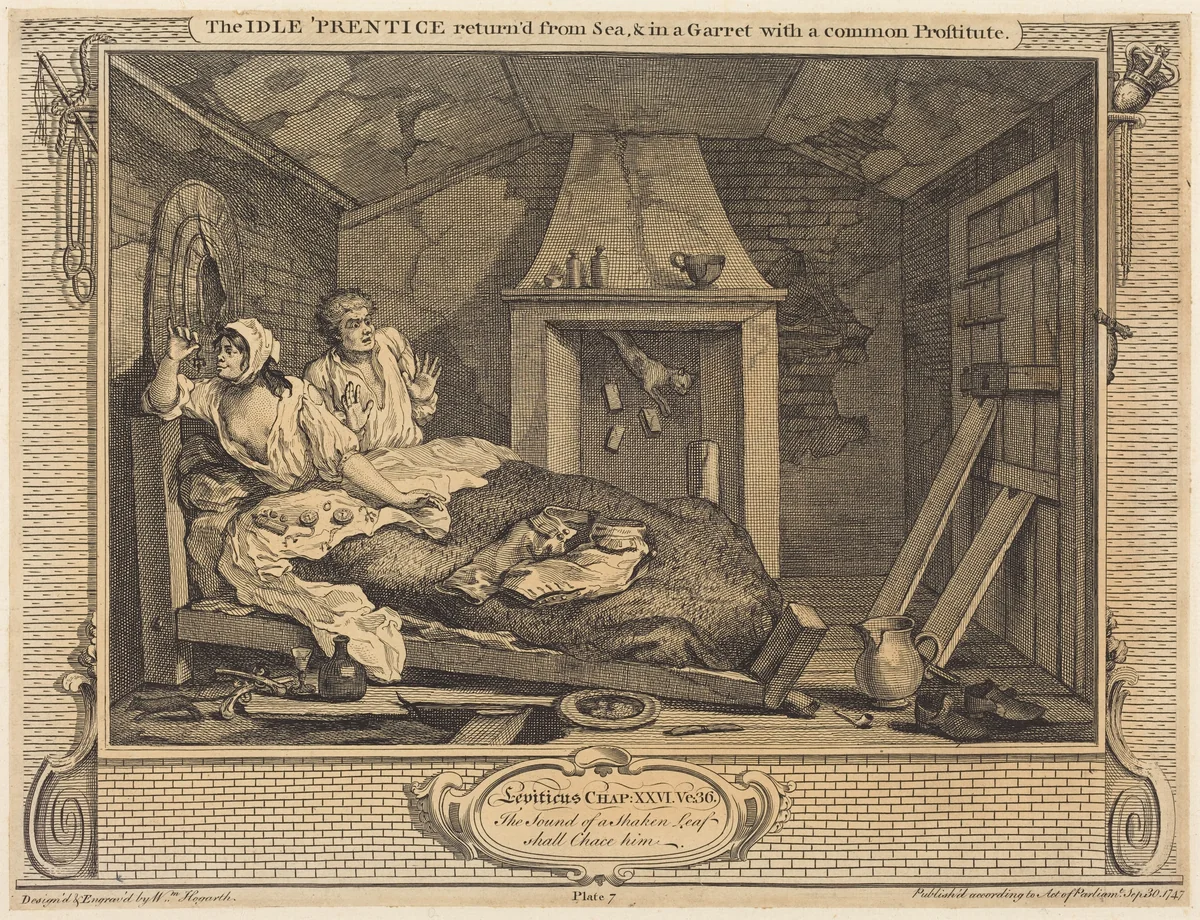The Idle 'Prentice return'd from Sea & in a Garret with a common Prostitute by William Hogarth, print, 1747