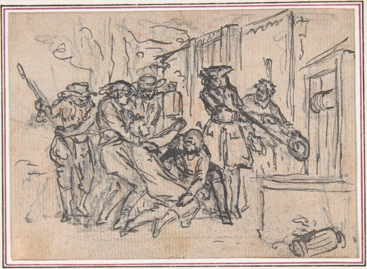 Study for "Hob's Petition to Sir Thomas to Keep Him out of the Well," etched vignette in "Songs in the Opera of Flora" by Hubert François Gravelot, drawing, 1732-1742