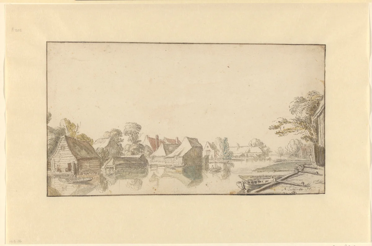 Gezicht op huizen aan een rivier by Abraham de Latombe, drawing, 1640-1660