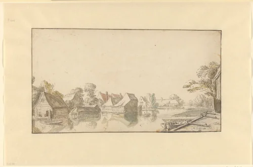 Gezicht op huizen aan een rivier by Abraham de Latombe, drawing, 1640-1660