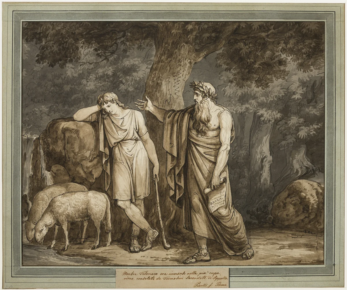 Telemachus is Consoled by Termosiris, Priest of Apollo, from The Adventures of Telemachus, Book 2 by Bartolomeo Pinelli, painting, 1808