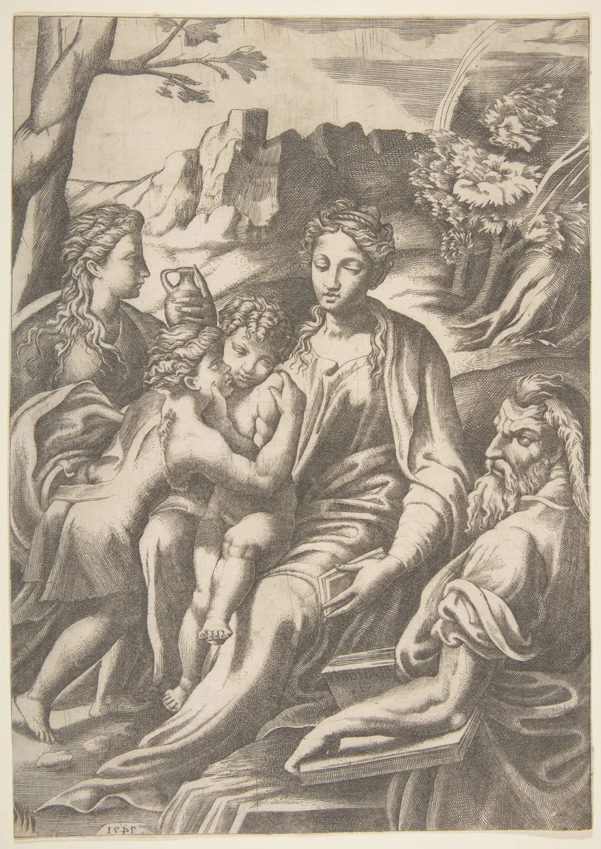 The Holy Family with Mary Magdalene and John the Baptist who embraces Christ by Giulio Bonasone, print, 1543
