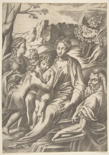 The Holy Family with Mary Magdalene and John the Baptist who embraces Christ by Giulio Bonasone, print, 1543