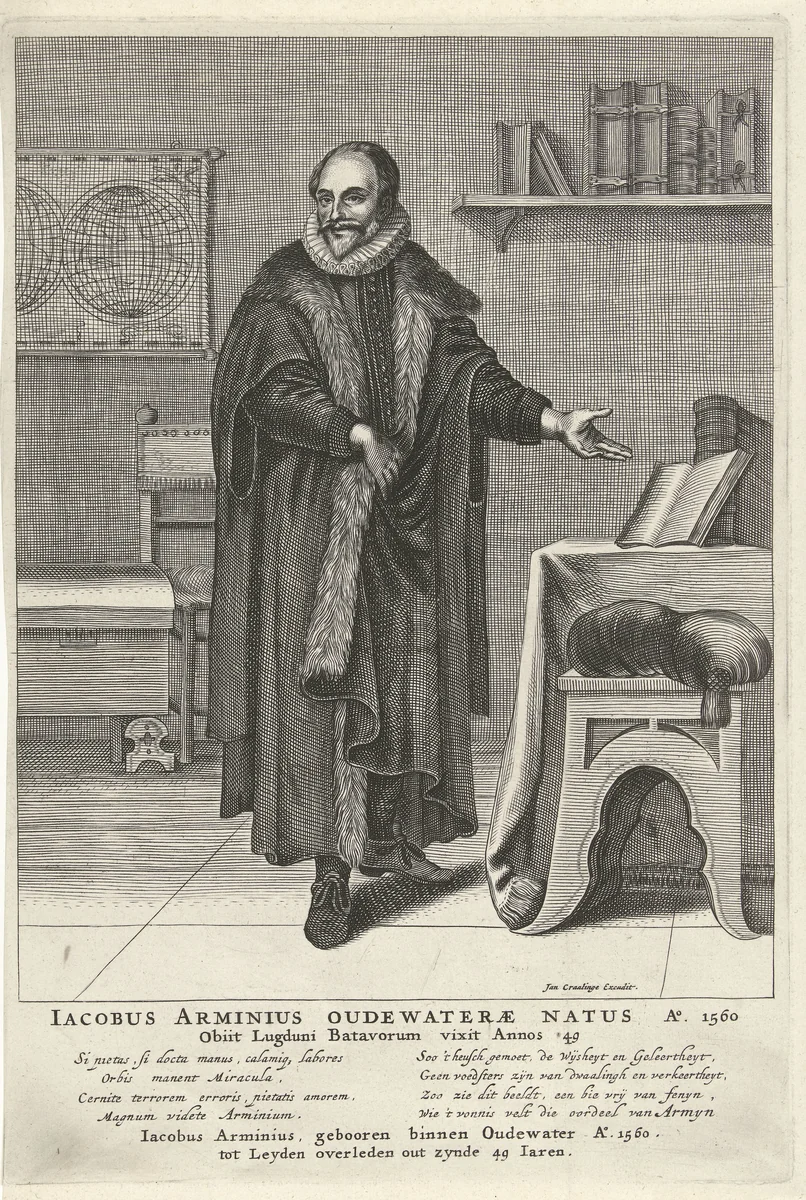Portret van Jacobus Arminius by Pieter Holsteyn, print, 1624-1673