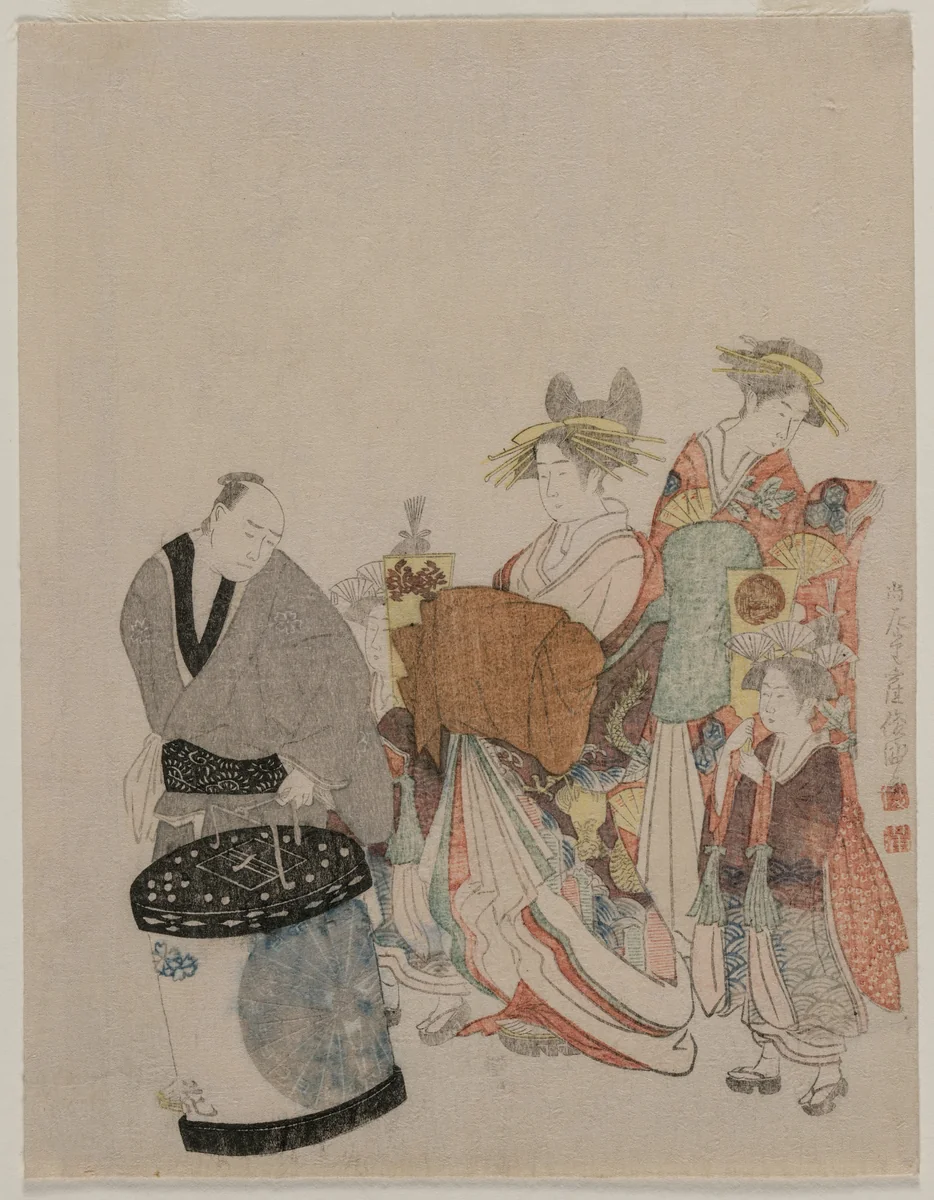 Courtesan on the Town with Attendants at Night by Kubo Shunman (窪俊満), print, 1757-1868