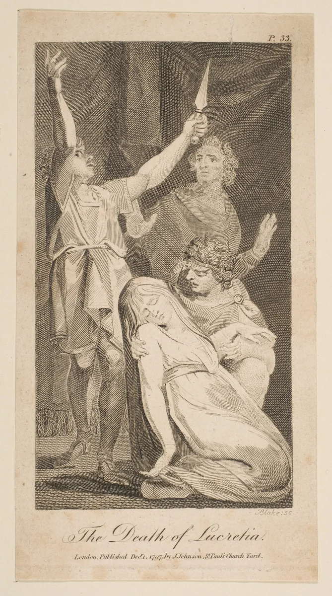The Death of Lucretia, from Allen's "New and Impartial Roman History" by William Blake, print, 1797