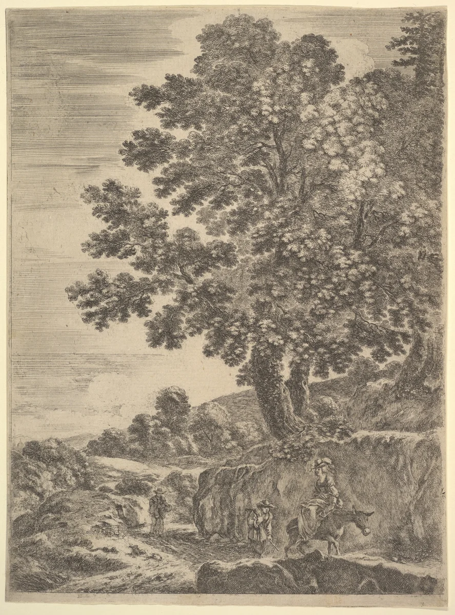 A young woman seated on a donkey wearing a hat, two men follow to left, a large tree above to right, from "Four large landscapes" (Quatre grands paysages en hauteur) by Stefano della Bella, print, 1652-1657