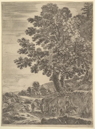 A young woman seated on a donkey wearing a hat, two men follow to left, a large tree above to right, from "Four large landscapes" (Quatre grands paysages en hauteur) by Stefano della Bella, print, 1652-1657