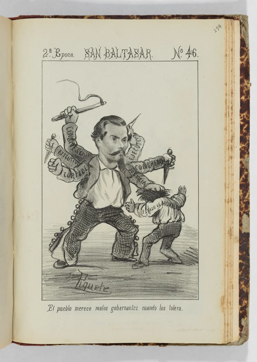 'People deserve bad political leaders when they tolerate them', caricature no. 46 from 'San Baltasar' (July 1873). A bound volume of caricatures and political satires from the Mexican newspapers 'La orquesta', 'El Padre Cobos', and 'San Baltasar: periódico chusco, amante de decir bromas y grocerias, afecto a las convivialidades, y con caricaturas' by Constantino Escalante, print, 1865-1873