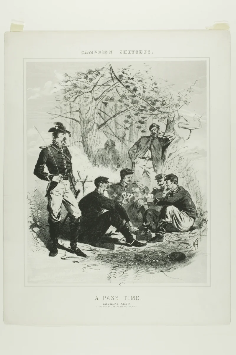 Campaign Sketches: A Pass Time - Cavalry Rest by Winslow Homer, print, 1863