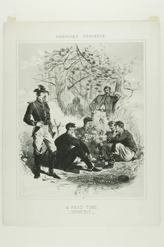 Campaign Sketches: A Pass Time - Cavalry Rest by Winslow Homer, print, 1863