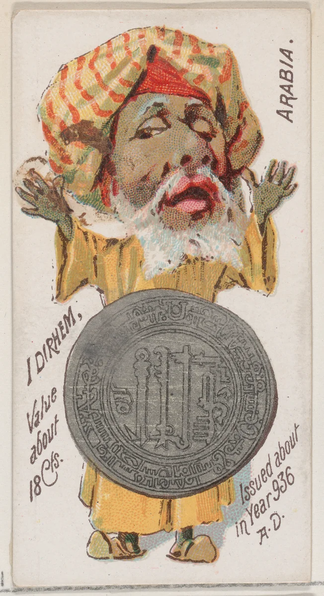 Caricatured Arabian, 1 Dirhem, from the series Coins of All Nations (N72, variation 1) for Duke brand cigarettes by W. Duke, Sons & Co., print, 1889