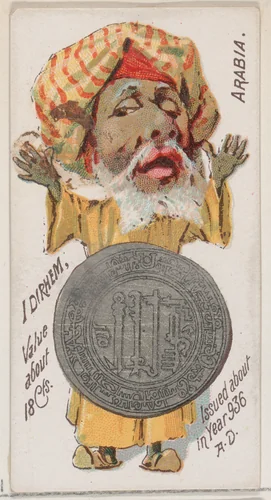 Caricatured Arabian, 1 Dirhem, from the series Coins of All Nations (N72, variation 1) for Duke brand cigarettes by W. Duke, Sons & Co., print, 1889