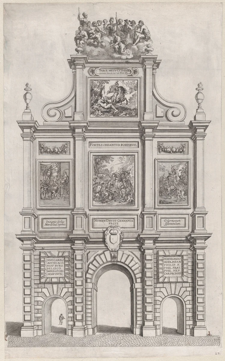 Plate 27: Triumphal arch, elevation of the back, surmounted by allegorical figures and decorated with scenes from Roman mythology and history; from Guillielmus Becanus's 'Serenissimi Principis Ferdinandi, Hispaniarum Infantis...' by Johannes Meursius, print, 1636