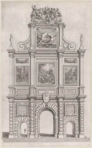 Plate 27: Triumphal arch, elevation of the back, surmounted by allegorical figures and decorated with scenes from Roman mythology and history; from Guillielmus Becanus's 'Serenissimi Principis Ferdinandi, Hispaniarum Infantis...' by Johannes Meursius, print, 1636
