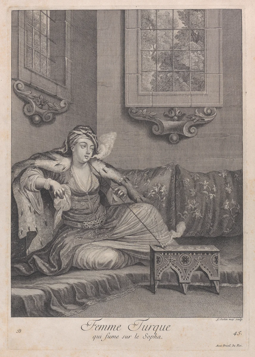Femme Turque, qui fume sur le Sopha, plate 45 from "Recueil de cent estampes représentent differentes nations du Levant" by Jean Baptiste Vanmour, print, 1714-1715