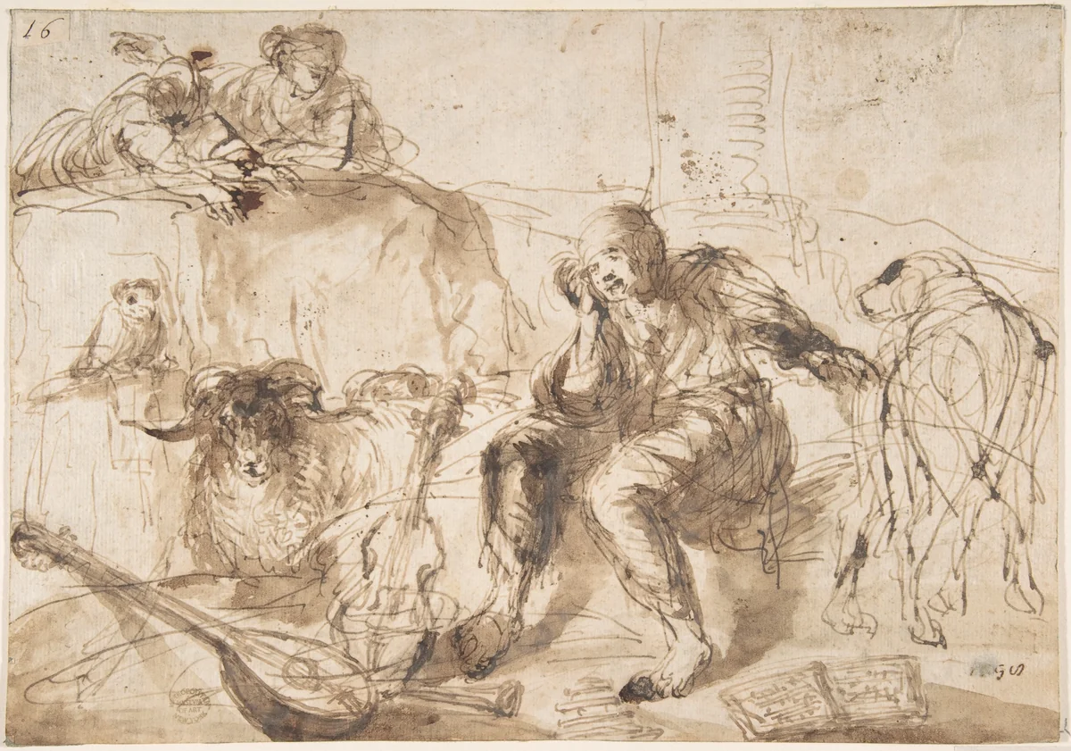 Study of Animals and Figures by Giovanni Benedetto Castiglione, drawing, 1609-1664